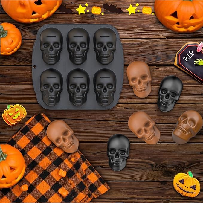 Halloween Skull Silicone Molds for Baking, 6 Cavities 3D Skull Baking Pan for Cake Chocolate, Skeleton Mold for Pizza Ice Wax Melt Jelly Resin (Coffee)