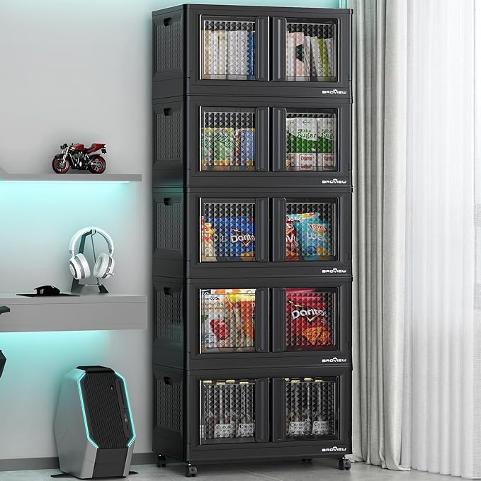 BROVIEW 500Qt Stackable Storage Bins with Lids, 125Gal Closet Organizers and Storage Drawer, Plastic Collapsible Storage Bins with Doors, Heavy Duty Store Box Cabinet for Home Kitchen, 5Pack Black