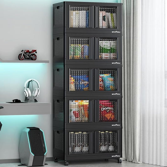 BROVIEW 500Qt Stackable Storage Bins with Lids, 125Gal Closet Organizers and Storage Drawer, Plastic Collapsible Storage Bins with Doors, Heavy Duty Store Box Cabinet for Home Kitchen, 5Pack Black