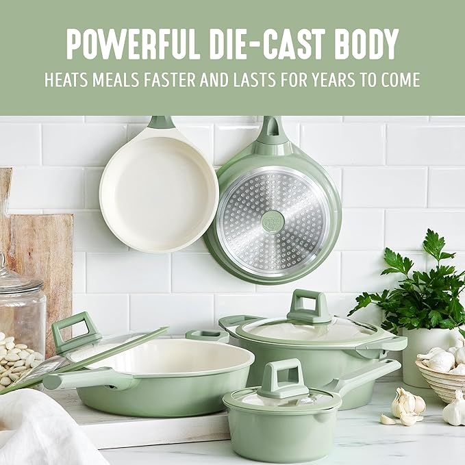 GreenLife 8 Piece Ceramic Nonstick Cookware Set, Induction Suitable Non Toxic PFAS-Free Pots & Pans, Dishwasher Safe, Cooking Set, Stock Pot, Saucepans & Frying Pans, Kitchen Cooking, Sage Green