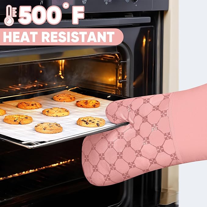 Oven Mitts Kitchen Towels Dishcloths with Pot Holders Sets 12PCS, Dish Towels Sets, Oven Gloves Pot Pads Heat Resistant 500 Degrees with Non-Slip Silicone Surface for Cooking Baking Grilling-Pink