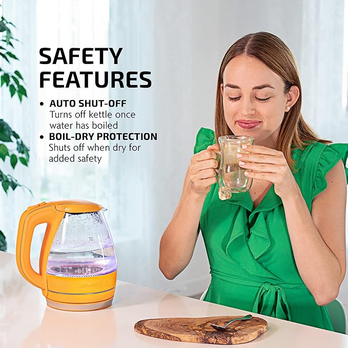 OVENTE Electric Kettle, 1.5L Borosilicate Glass Countertop Water Heater and Boiler for Coffee or Tea, BPA-Free, Auto Shut-Off, Boil-Dry Protection, Removable and Washable Spout Filter, Orange KG83O