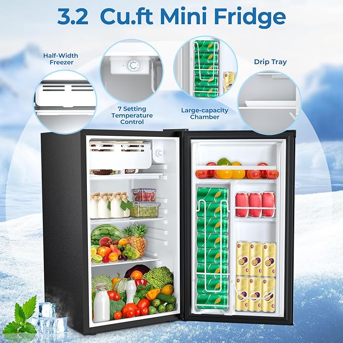 3.2 Cu.ft Mini Fridge with Freezer, Compact Refrigerator with Reversible Single Door, Adjustable Thermostat, Low Noise, Energy Efficient for Office, Dorm, Bedroom, Apartment (Black)