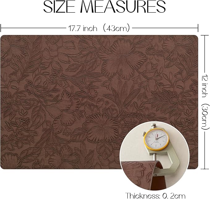 Romanstile Vinyl Placemats Set of 6-12 X 18 Inch - Heat Resistant Non-Slip Embossed Floral Place Mats 100% Waterproof Oilproof Wipeable Faux Leather Table Mats for Kitchen/Dining/Party, Brown