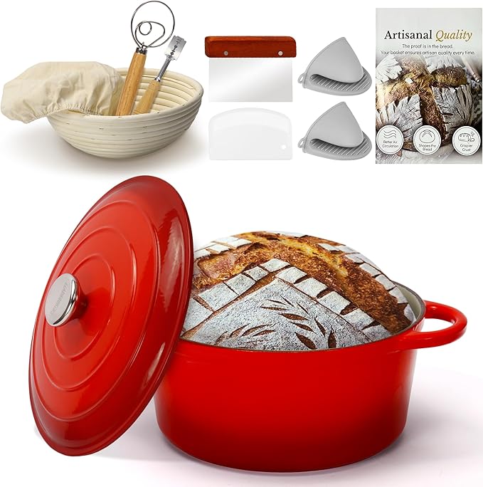 5QT Enameled Cast Iron Bread Oven with Proofing Basket for Bread Baking, Bread Making Supplies Tools,Heavy-Duty Cookware for Braising, Stews, Roasting, Bread Baking (Red)