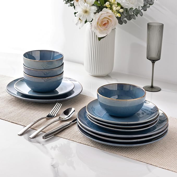 GBHOME Ceramic Dinnerware Sets for 8, 24 Pieces Stoneware Plates and Bowls Sets, Reactive Glaze Dishes -Scratch Resistant, Dishwasher&Microwave Safe-Alaskan Blue