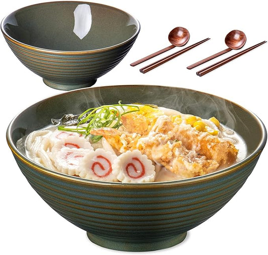8 Inch 40oz Large Japanese Ramen Bowl Set of 2,Material Safety Ceramic Ramen Bowls with Matching Chopsticks and Spoons, Pho Bowls Ramen Noodle Bowl for Asian Udon Soup Salad Cereal(Retro Cyan)