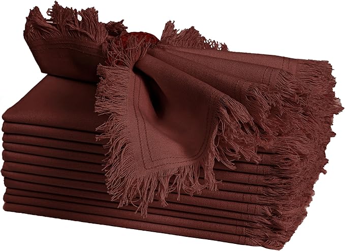 Bedding Craft Cotton Cloth Dinner Napkins Set of 12 – 18x18 Chili Oil with Frayed Selvedge Edges – Machine Washable Fabric Napkins for Weddings, Baby Showers, Parties & Table Décor