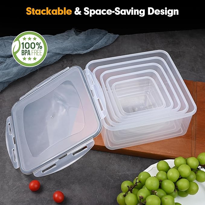 5 Pack Large Food Storage Containers with Leak-Proof Lids, Stackable Kitchen Storage Bowls Sets (14/30/54/80/128 oz), Reusable Meal Prep Plastic Containers, BPA-Free, Dishwasher Safe