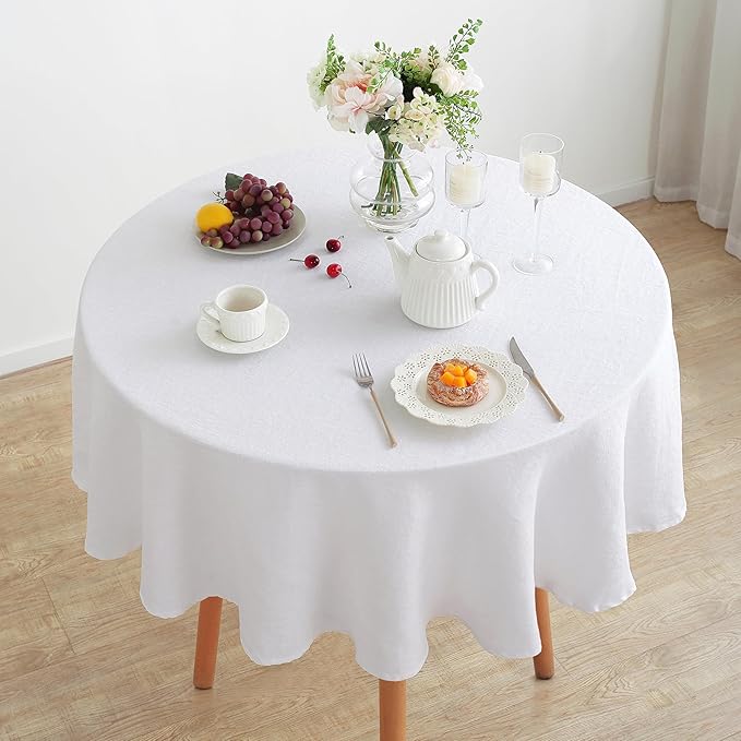 Linen World Linen Tablecloth, 100% French Linen Round Tablecloth 90" Inch, Washable White Tablecloth for Dining, Outdoor, Weddings and Restaurants, Decorative Valentine Easter
