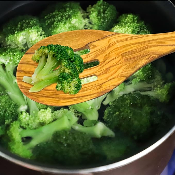 WONDERFUL 13.5 Inch Long Olive Wood Slotted Spoon, Wooden Spoons for Cooking, Healthy Stirring Serving Spoons, Mixing/Serving, Non-Stick