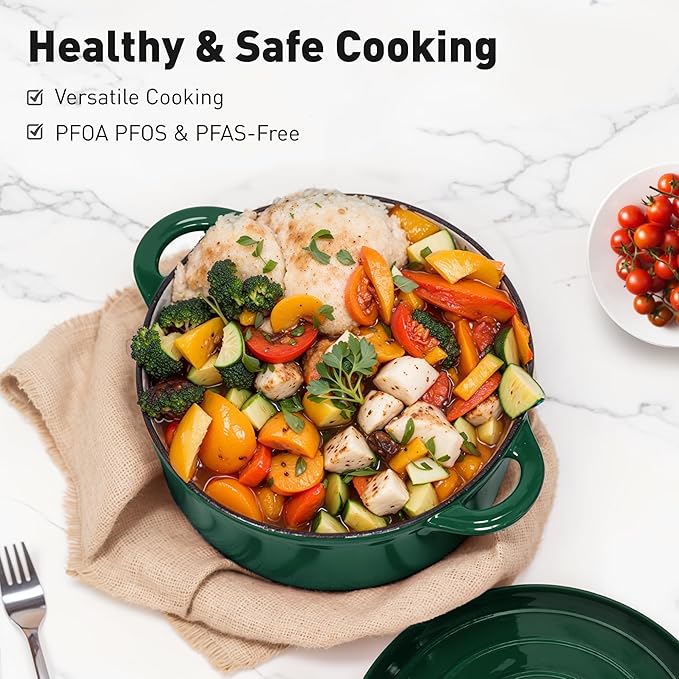 MAISON ARTS Enamel Cast Iron 7 Piece Cookware Set, Dutch Oven Pot with Lid, Emerald Non Stick Pots and Pans set, Oven Safe up to 500°F