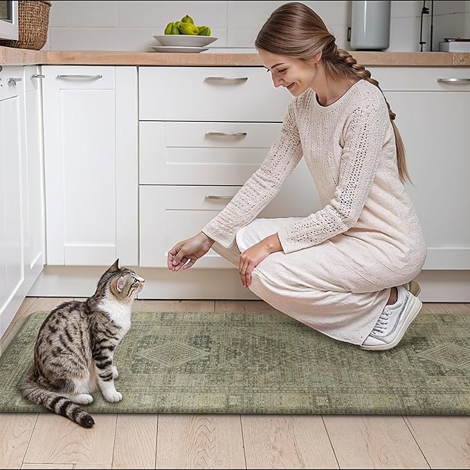 GENIMO Kitchen Mats for Floor, Washable Anti Fatigue Mat for Cushioned, 17.3"x59", Waterproof Kitchen Rugs, Non Slip Foam Comfort Standing Mat Rug for Home, Runner, Sink, Laundry, Tan