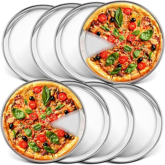 P&P CHEF 10 Inch Pizza Pan, Stainless Steel Round Pizza Tray Baking Pans, Pizzas Plate Serving Tray for Cookie Meat, Oven & Dishwasher Safe & Easy Cleaning, (Mirror Finish) - 8 Pieces