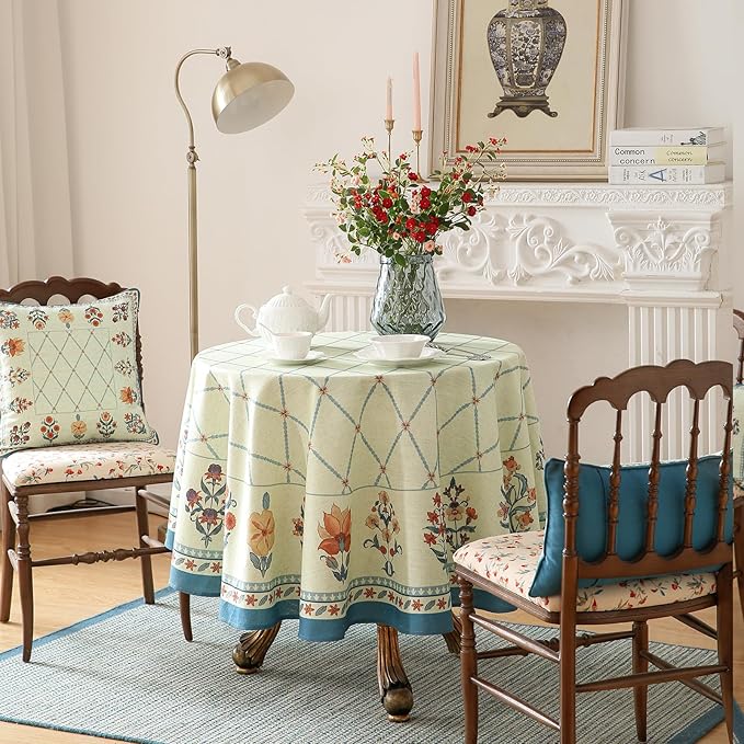 French Tablecloth for Round Tables,Linen Table Cloth with Colorful Flowers and Leaves Pattern,Heavy Durable Soft Table Cover for Dining Kitchen Decor Party Christmas,Diameter 55"