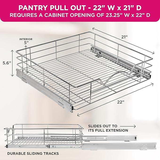 HOLDN’ STORAGE Heavy-Duty Premium Collection Pull Out Cabinet Organizer, Cabinet Drawer Slide Outs, Lifetime Limited Warranty - Basket Size 22" W x 21" D x 5" H, Anti-Rust Chrome Finish