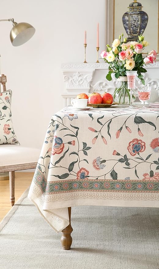 French Tablecloth for Rectangle Tables,Linen Table Cloth with Pink Flowers and Leavs Pattern,Heavy Durable Table Cover for Dining Thanksgiving Kitchen Decor Party Christmas,63"*94"