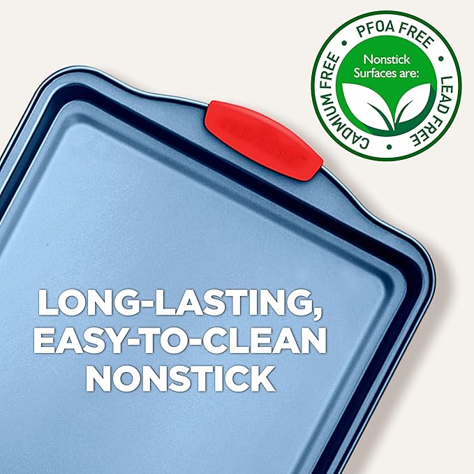 NutriChef 3-Piece Nonstick Cookie Sheets for Baking - Premium Carbon Steel Baking Trays w/ Non-Stick Smooth Coating & Silicone Handles - Large, Medium, & Small Bakeware - Blue
