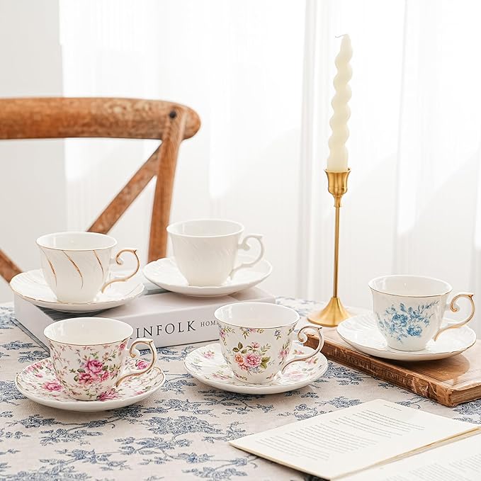 tea cups and saucers ceramic coffee mug 6oz for Coffee, Latte, Cafe Mocha and Tea-Set of 4, white with flowers
