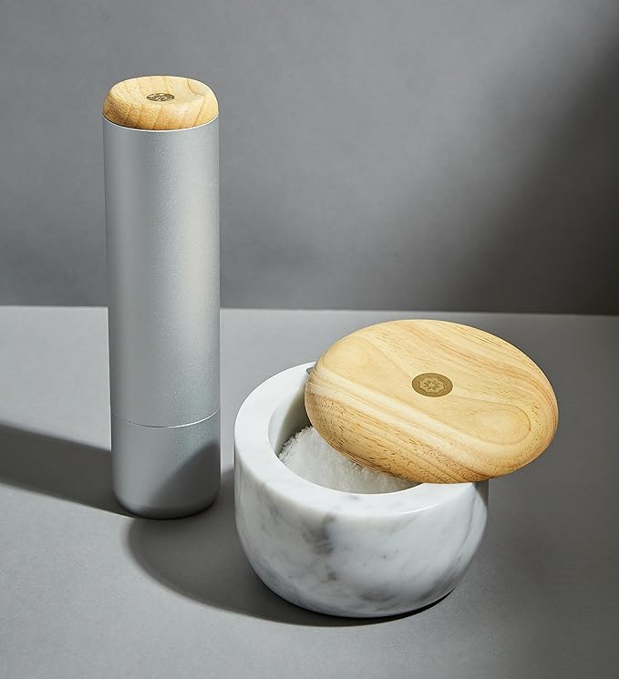 Evermill Premium Salt Mill with Coarse Himalayan Pink Salt, Anodized Aluminum Body, Wooden Cap, 26 Grind Settings, Manual Grinder (Silver)