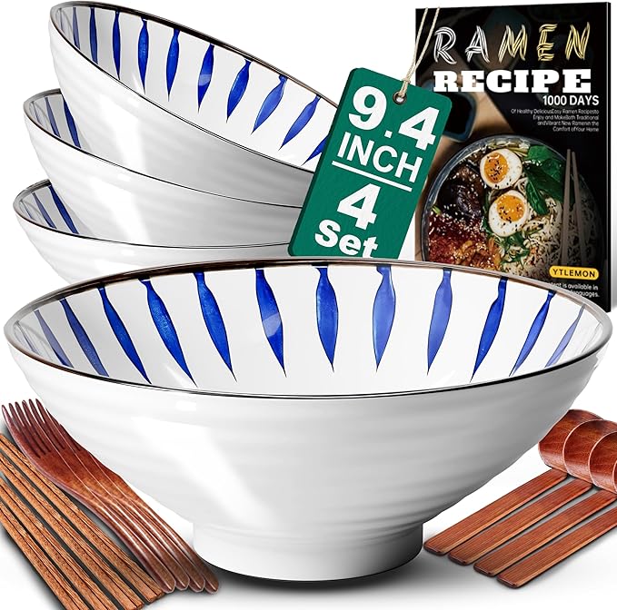 9.4Inch Ceramic Ramen Bowl Set of 4 (17 Piece) - Porcelain Japanese Salad Noodles Cereal Fruit Pasta Soup Large Bowls with Recipes Chopsticks Forks Spoons for Men Women Gift Microwave Dishwasher Safe