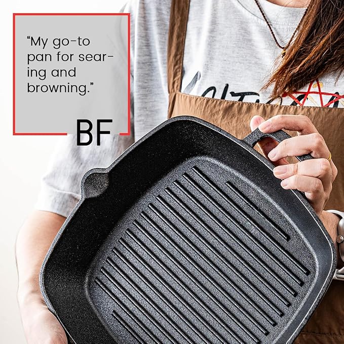 10 Inch Cast Iron Grill Pan & Skillet, Pre-Seasoned Stovetop Griddle Pan with Dual Handles for Indoor Cooking, Frying, Grilling, Searing Steak & Meat on Gas, Electric, Induction Cooktops