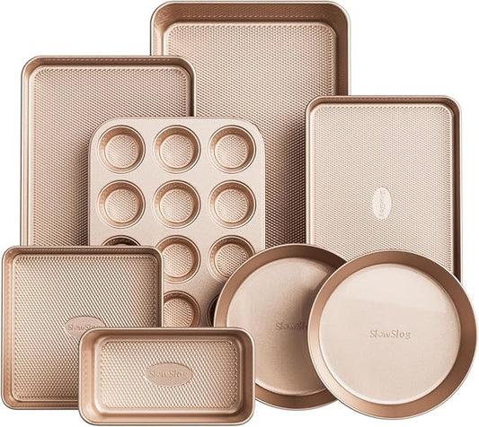 Baking Pans Set 8-Piece Bakeware Sets, Baking Sets for Cooking Nonstick Oven Pan Set, Baking Sheet Set, Cookie Sheets for Baking, Muffin Pan, Cookie Sheets (Ceramic Coated Gold)