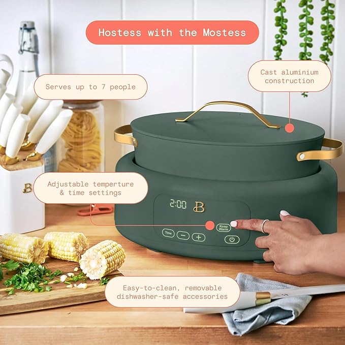 Beautiful 10-in-1 Electric Multi-Cooker by Drew Barrymore, 6-quart, digital display, 10 cooking functions, non-stick pot, easy one-touch control (Thyme Green)