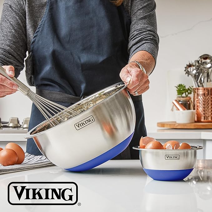 Viking Mixing Bowls Set, 10 Piece Stainless Steel Kitchen Cookware, Non-Slip Silicone Base, Includes Tight Fit Lids, Dishwasher Safe, Blue