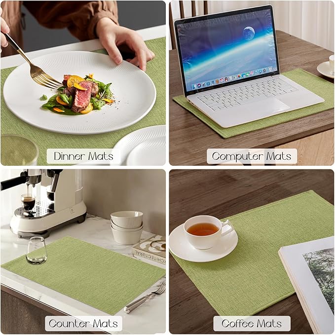 Romanstile Cloth Placemats Set of 8-12 x 18 Inch, Heat Resistant Double Layered Thickened Burlap Place Mats, Washable Faux Linen Farmhouse Table Mats for Kitchen/Dining/Party/Outdoor, Green