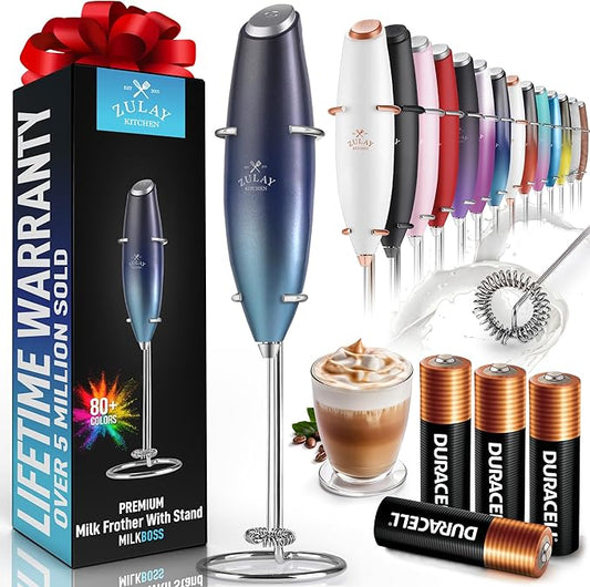 Zulay Kitchen Powerful Milk Frother Wand With 4 AA Duracell Batteries - Ultra Fast Handheld Drink Mixer - Electric Whisk Foam Maker for Coffee, Lattes, Cappuccino, Matcha & Creamer