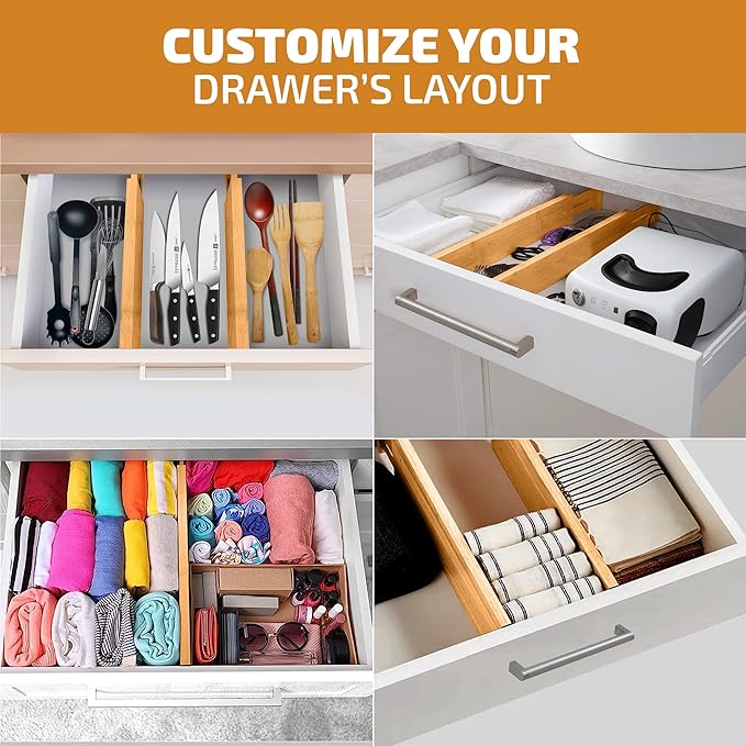 4 Pack Drawer Divider - 2.6" High, 16" to 22" Adjustable Bamboo Drawer Organizers for Clothes, Expandable Dresser Separators in Bedroom/Bathroom/Kitchen/Office Organization and Storage (Natural)
