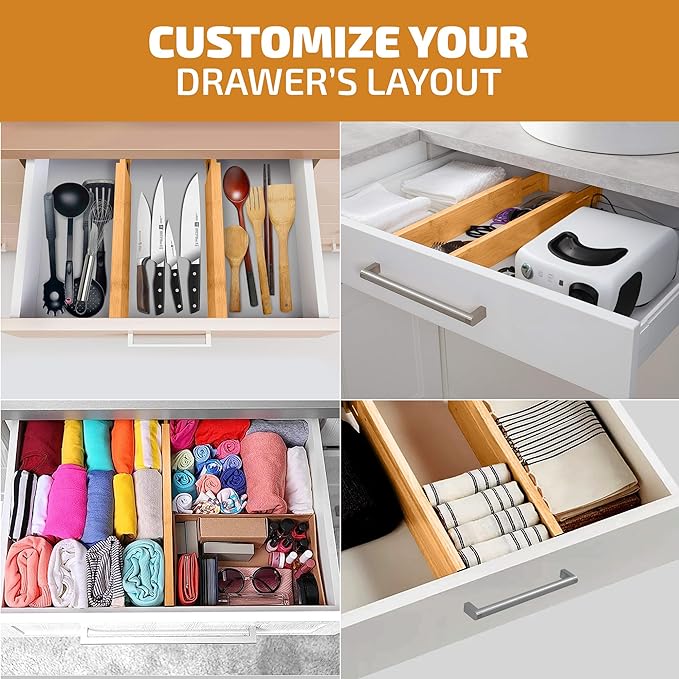 4 Pack Drawer Divider - Bamboo 2.6" High, 12.5-17" Adjustable Drawer Organizers for Clothes, Expandable Dresser Separators in Bedroom, Bathroom, Kitchen, Office Organization and Storage