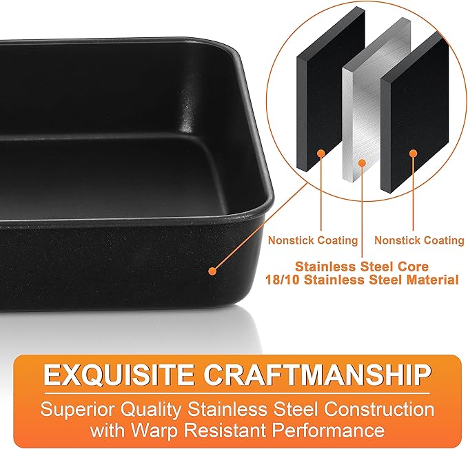Herogo Rectangle Cake Pan Set of 2, 9 X 13 Inch Non-Stick Baking Pan for Oven, Stainless Steel Black Lasagna Brownies Casseroles Cakes Bakeware, Dishwasher Safe
