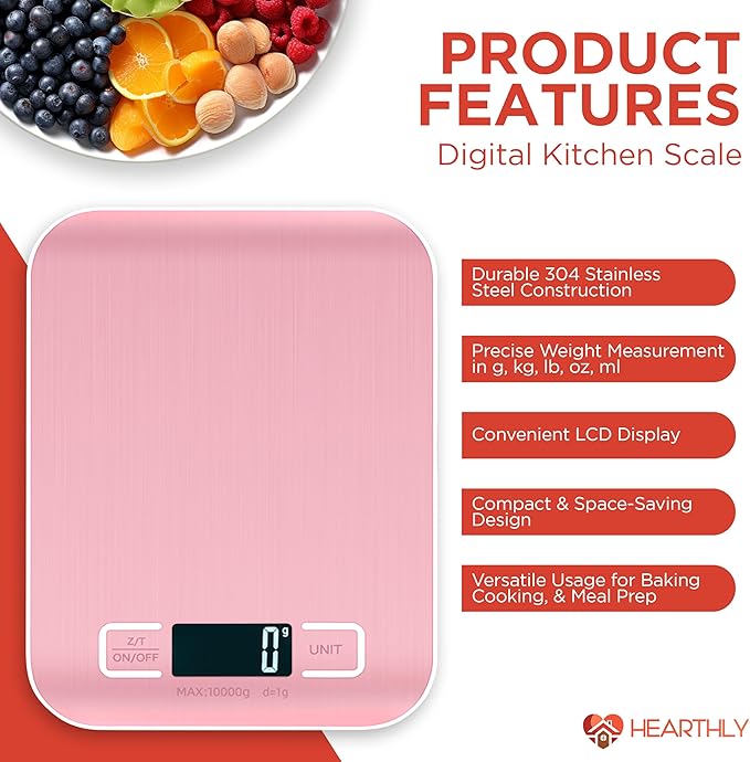Food Scale, Digital Kitchen Scale for Cooking and Baking, Batteries Included, Weighs up to 22 pounds, Kitchen Scales Digital Weight Grams and Ounces, 304 Stainless Steel - Pink