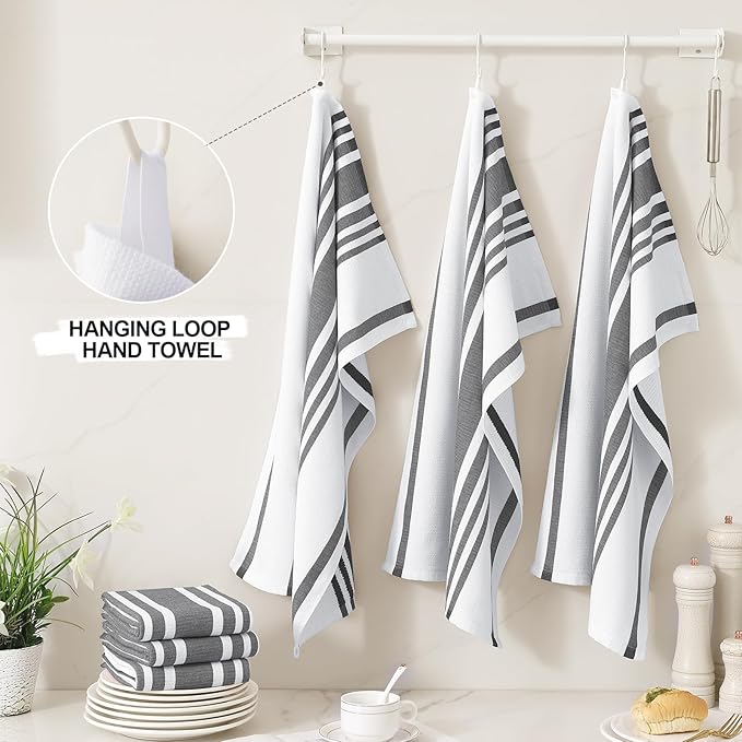 Homaxy Premium Kitchen Towels 18”x 28”, Large Cotton 380 GSM Kitchen Hand Towels, Stripe and Terry Dish Towel, Highly Absorbent Tea Towel Set with Hanging Loop, 12 Pack, Black