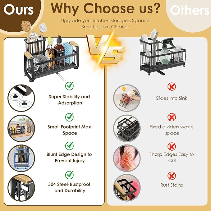 Doasuwish Sponge Holder for Kitchen Sink with Dish Brush Holder, Rustproof 304 Stainless Steel Sink Caddy for Kitchen Countertop Accessories & Storage