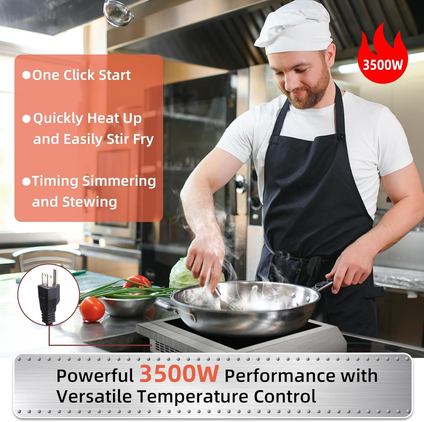 Portable Induction Cooktop 208-240V 3500W Commercial Range Countertop Burner Dual IGBT Modules 8 Heating Level Timer Sensor Push-Button Premium Stainless Steel Housing Ceramic Glass（Black）