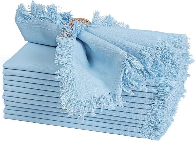 Bedding Craft Cotton Cloth Dinner Napkins Set of 12 – 18x18 Airy Blue with Fringed Corners – Machine Washable Fabric Napkins for Weddings, Baby Showers, Parties & Table Décor