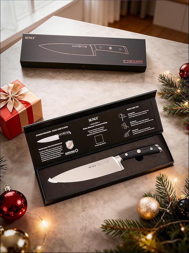 SUNLY 8 Inch Chef Knife, Professional Kitchen Knife Made of German High Carbon Stainless Steel, 58±2 HRC, Ultra Sharp Cooking Knife with Ergonomic ABS Handle, DIN 1.4116 for Home & Restaurant