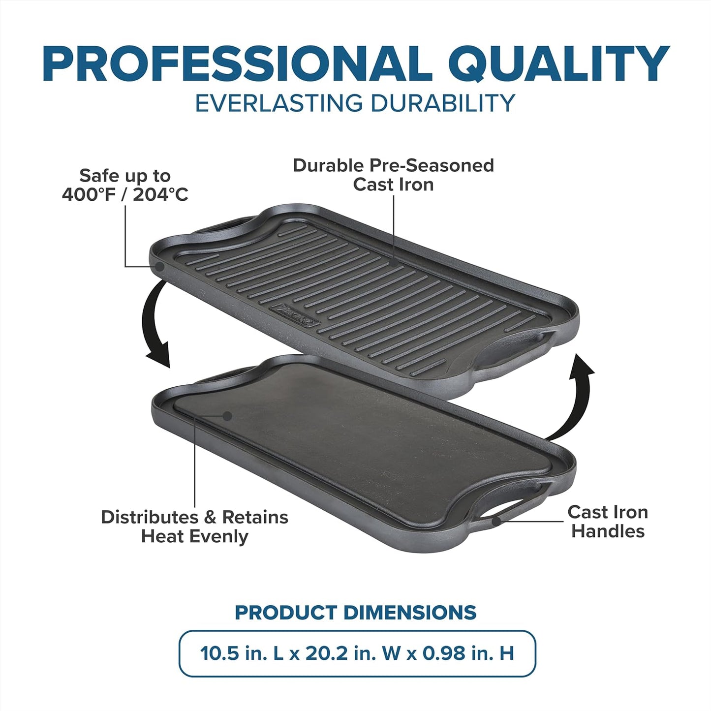 Viking Griddle, 20 Inch Reversible Cast Iron Grill Pan, Pre-Seasoned, Oven Safe, Hand Wash Only, Black