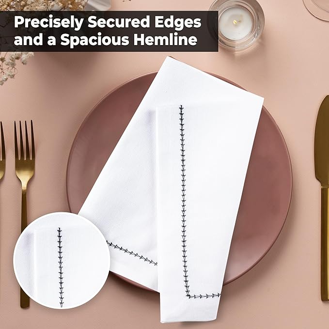 Urban Villa Cloth Napkin Set of 12 Hemstitch White Black 20x20 Inches Premium Soft Cotton Highly Absorbent Reusable & Washable Dinner Table Napkins for Home and Weddings