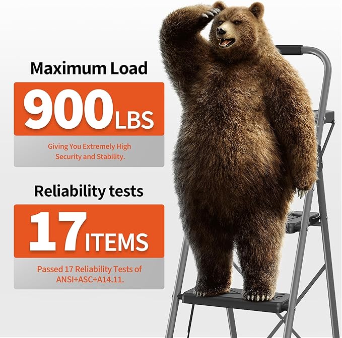 4 Step Ladder, Folding Step Stool with Tool Platform, Wide Anti-Slip Pedal and Anti-Slip Feet, Heavy-Duty Steel Construction, 900lbs Capacity Portable Safety Ladder, No Assembly Required, Grey