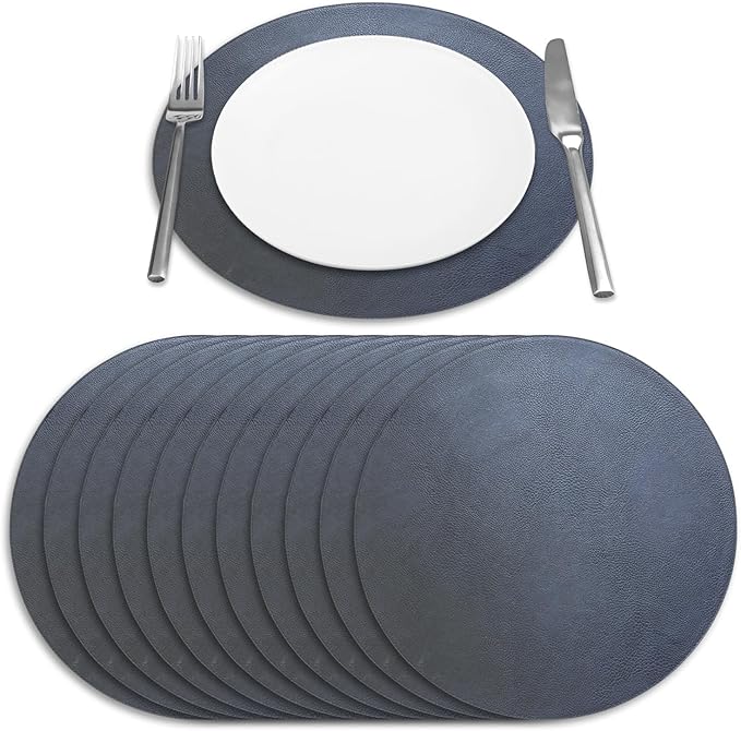 Morgan Faux Leather Set of 12 Placemats, 15" Round, Navy, Heat Resistant, Stain Resistant, Non-Slip, Reversible, Durable Table Mats for Kitchen, Dining Table, Indoor Washable Use