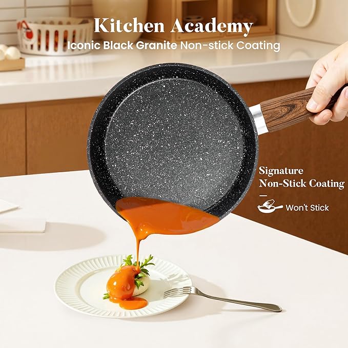 Kitchen Academy 17Pcs Pots and Pans Set Non Stick, Nonstick Kitchen Cookware Sets, Black Granite Induction Cookware, Non-toxic Healthy Nonstick Cooking Pans Set