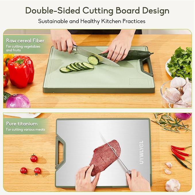 Titanium Cutting Board – Double Sided Cutting Boards for Kitchen, Pure Titanium & Wheat Straw PP, Food-Grade Metal Chopping Board, Easy to Clean Large Size 16"x11" (Green & Silver)