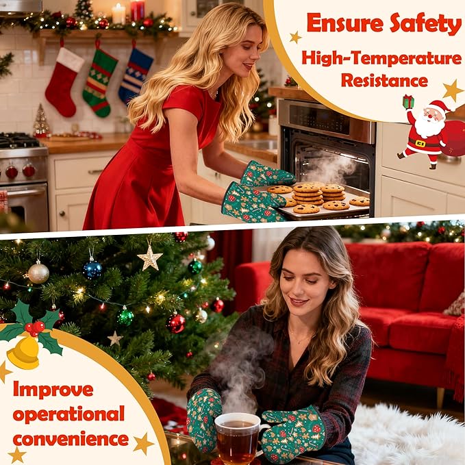 Oven Mitts Pot Holders Set 3 for Kitchen, Christmas Candy Biscuit Insulation Oven Gloves Heat Resistant Pot Pads Cook Essentials Accessories for BBQ Baking Cooking Kitchen Decor Gifts for Women