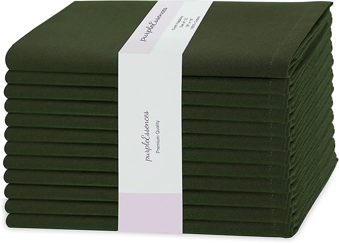PurpleEssences Set of 12 Cloth Dinner Napkins 100% Cotton 18x18 Inch - Soft Durable Washable - Ideal for Farmhouse Party Christmas Holiday Winter - Perfect Everyday Use Table Linen - Olive Green