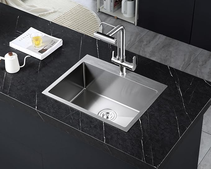 MENATT Brushed Nickel 20 Inch Drop in Kitchen Sink, 18 Gauge Stainless Steel Topmount Single Bowl 1 Faucet Hole Topmount Kitchen Sink with Drainer, D20"xW16"xH9"