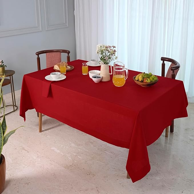D'Moksha Homes Red Tablecloth 60 x 108 Inch - 100% Pure Linen Rectangular Tablecloth - Machine Washable Table Cloth for Fall, Autumn and Halloween